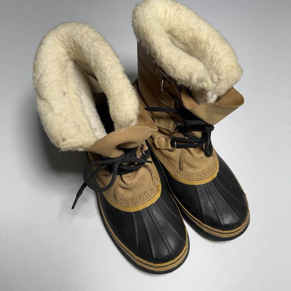 Sorel Caribou Snow Boots Size 10 Tan Leather Fleece Lined Rubber Duck Boot
